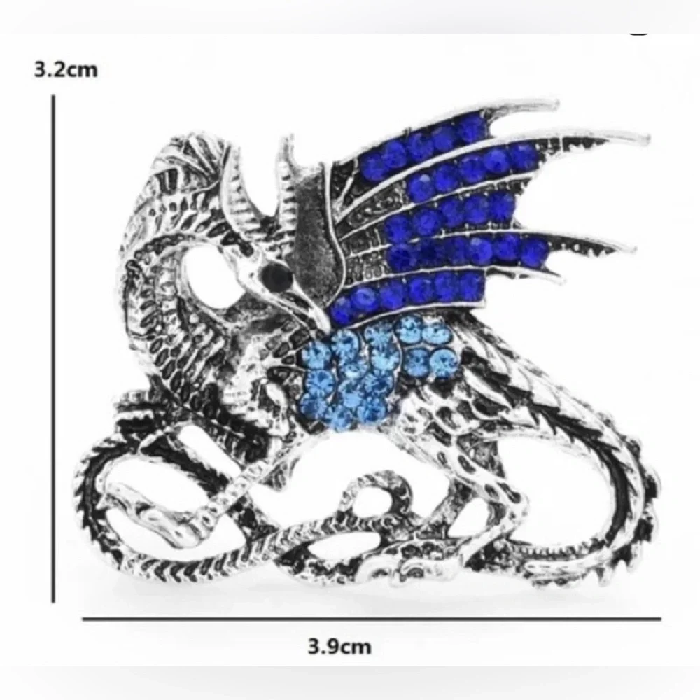 Silver Dragon Brooch with Blue and Royal Blue Rhinestones